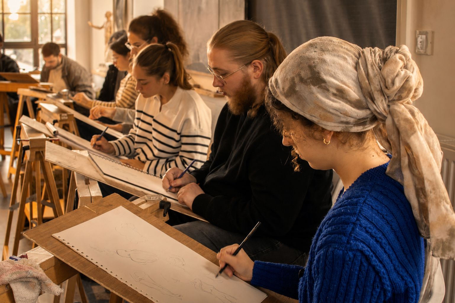 Étudiants au travail pendant un cours de croquis modèle vivant